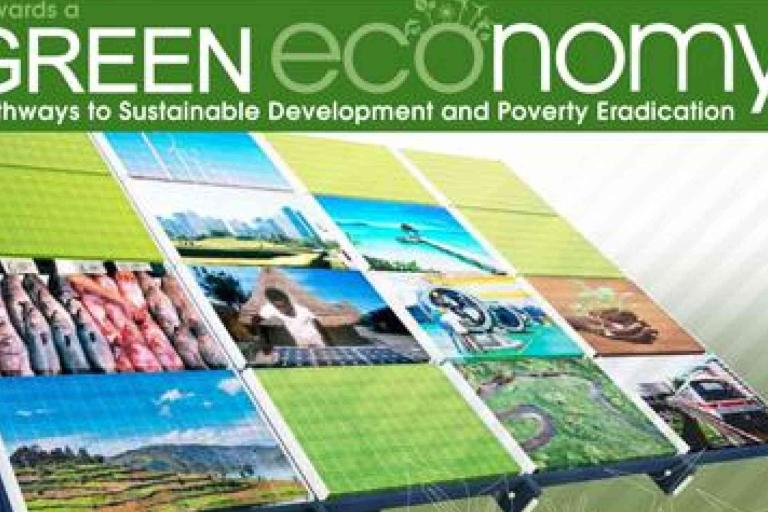 A display board features images of nature, urban development, agriculture, and renewable energy under the title "Towards a GREEN economy: Pathways to Sustainable Development and Poverty Eradication.
