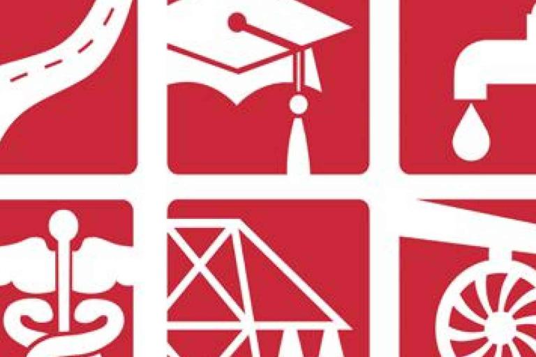A grid of six red squares features white icons: a road, graduation cap, faucet with water drop, medical symbol, bridge, and wagon wheel.