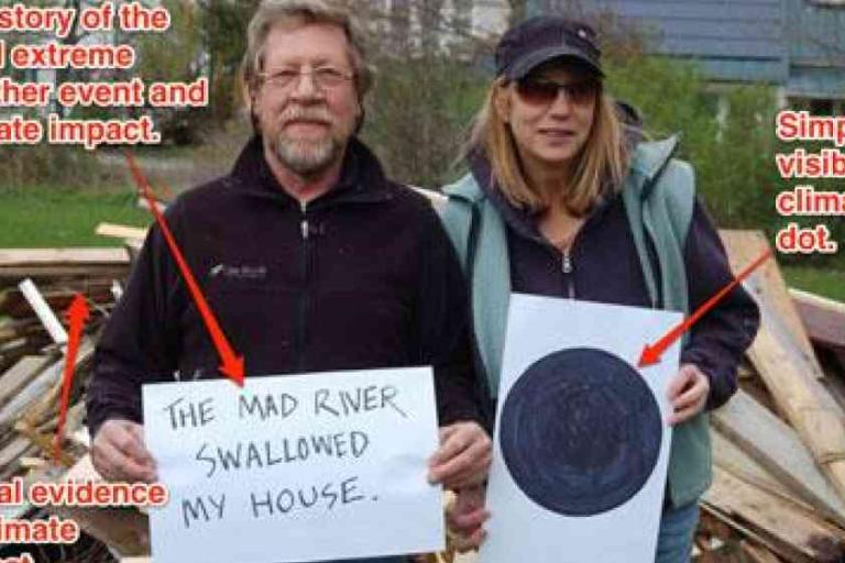 Two people stand in front of debris; one holds a sign reading "The Mad River swallowed my house," the other holds a paper with a large black dot. Red text labels highlight climate impacts.