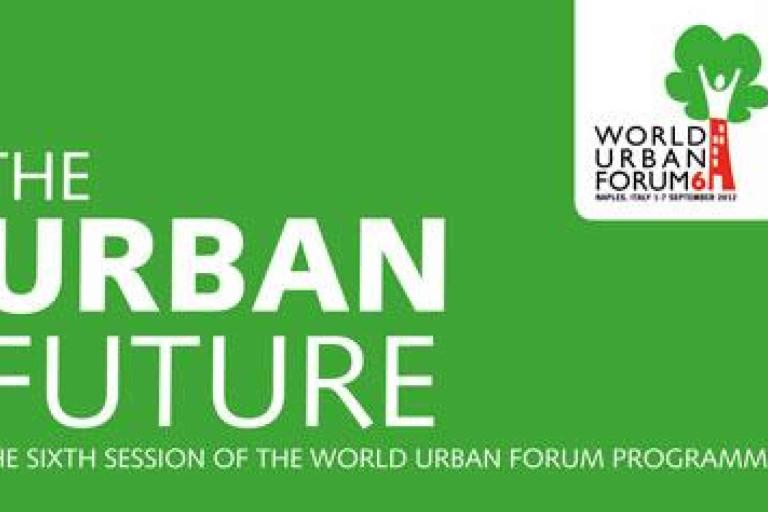 Green and white graphic for the World Urban Forum 6 with text "The Urban Future" and event details for the sixth session in Naples, Italy, September 2012.