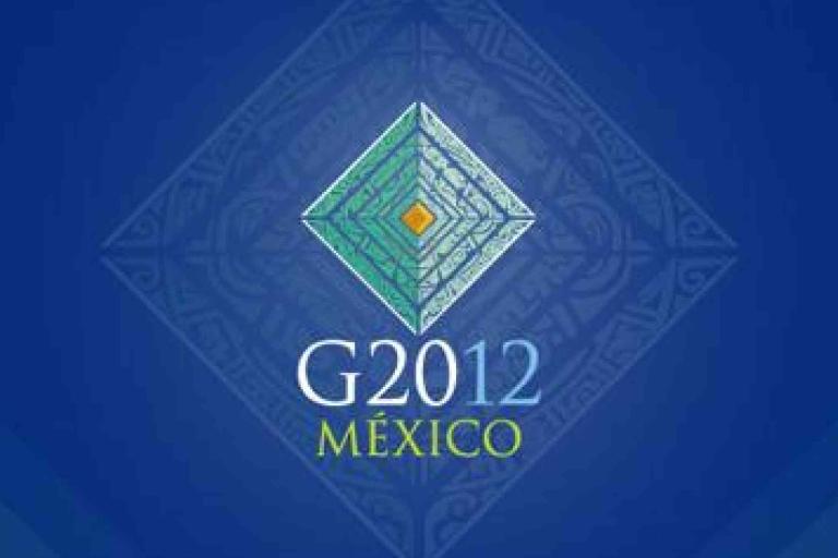 Logo for the G20 Summit 2012 in Mexico, featuring a geometric design with text "G2012 MÉXICO" on a blue background.