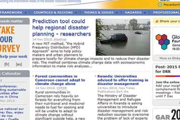 Screenshot of a disaster risk reduction website featuring news articles, a survey invitation, event listings, and a sidebar with related resources and global platform information.