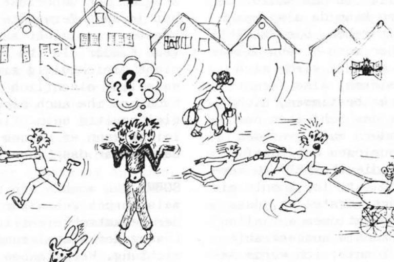 A person stands confused in the center while others rush around, with houses in the background and a dog in the foreground.