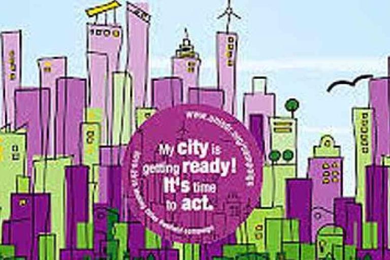 Illustration of a city skyline with purple and green buildings. A large pink circle in the center reads, “My city is getting ready! It’s time to act.”.