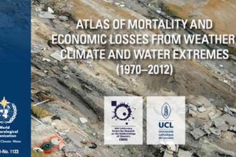 Cover of a report titled "Atlas of Mortality and Economic Losses from Weather, Climate and Water Extremes (1970–2012)" by the World Meteorological Organization and partner institutions.
