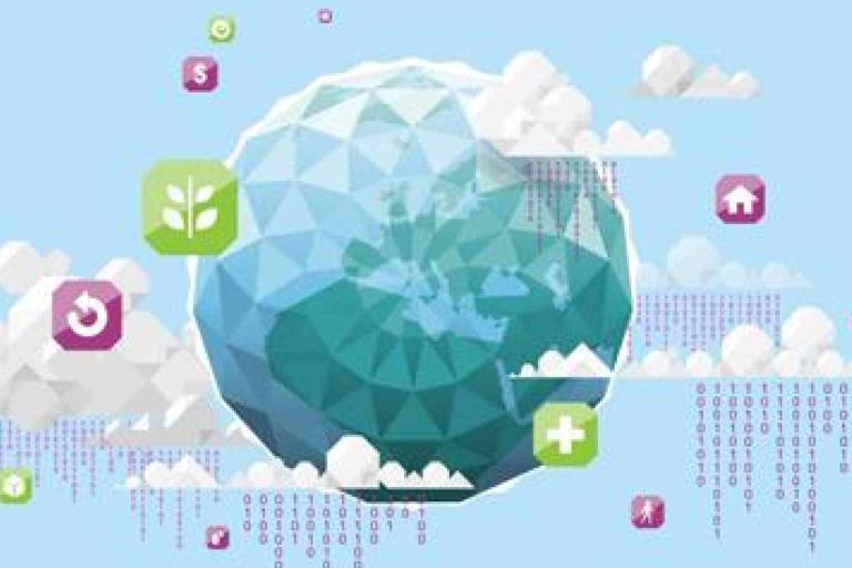 Illustration of a geometric globe with digital icons representing various sectors, surrounded by clouds and binary code raining down from them.