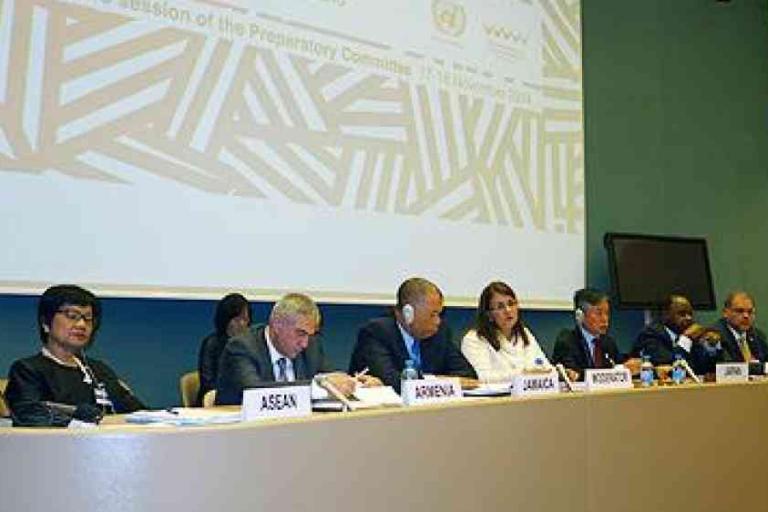 Seven delegates sit at a conference table with country nameplates in front of a large projection screen displaying text and patterns.