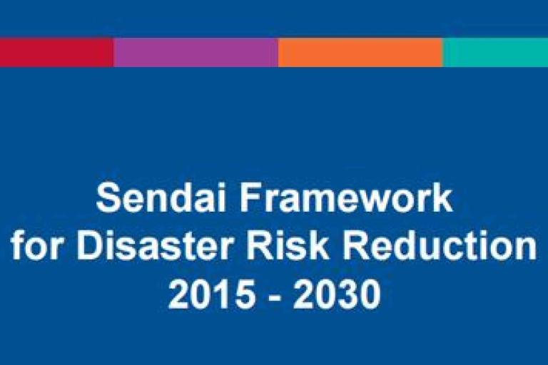 Sendai Framework for Disaster Risk Reduction 2015–2030 text on a blue background with a colorful horizontal bar at the top.