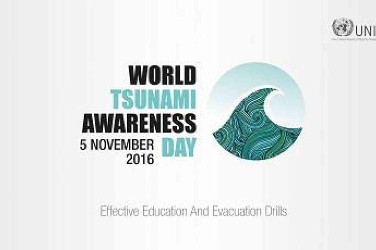 World Tsunami Awareness Day logo with a wave illustration, the date 5 November 2016, and the text "Effective Education And Evacuation Drills." UNISDR logo in the top right corner.
