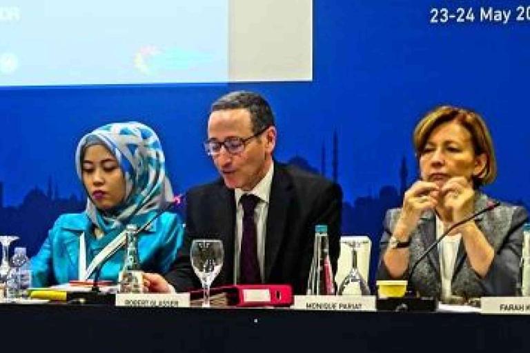 Three people sit at a conference table with microphones and nameplates in front of them, attending an event dated 23-24 May 2016.