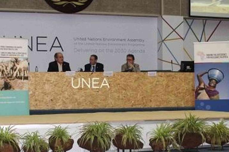Three people sit at a panel table on stage at a UNEA event, with banners, potted plants, and a UNEP sign visible in the background.