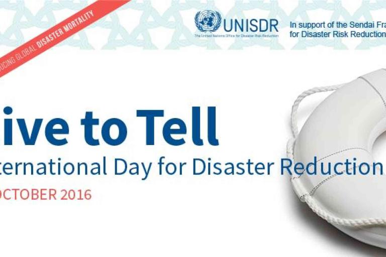 Banner for the International Day for Disaster Reduction on 13 October 2016, featuring a life buoy and UNISDR logo.