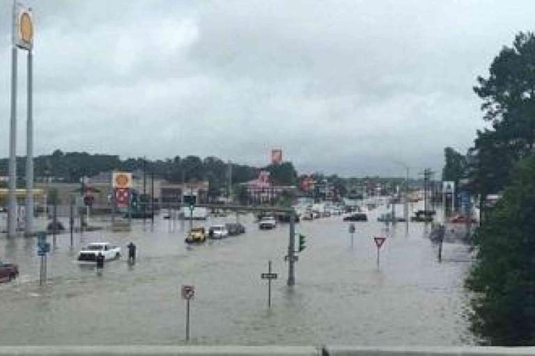 A flooded street with partially submerged cars and road signs; businesses and trees are visible in the background under a cloudy sky.