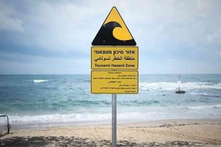 A triangular sign on a beach reads "Tsunami Hazard Zone" in multiple languages, warning of tsunami risk near the ocean.