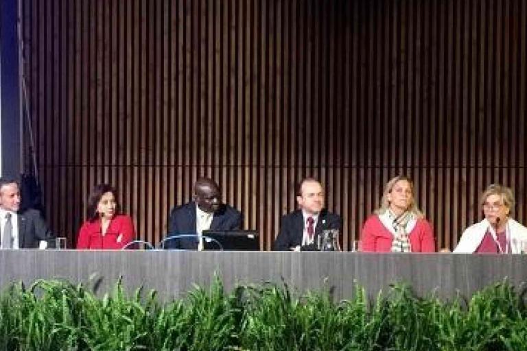 Six people sit behind a long table on a stage, participating in a panel discussion; plants are visible in the foreground.