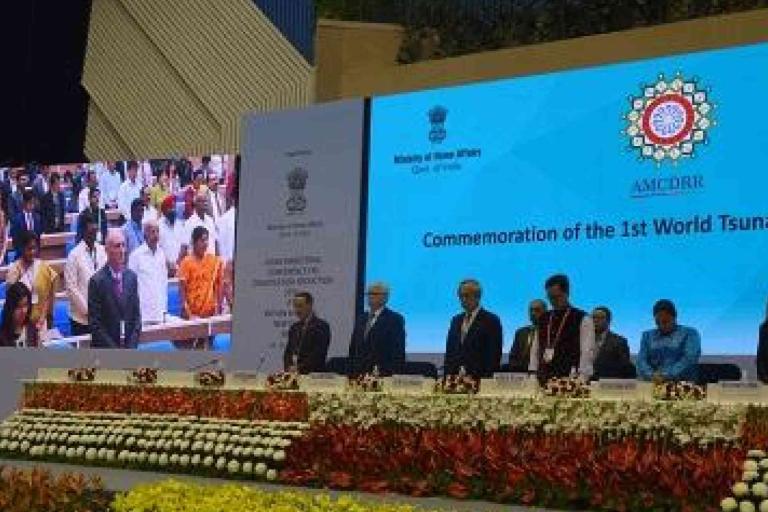 Officials and attendees stand on stage at an event with a screen displaying "Commemoration of the 1st World Tsunami Awareness Day" and floral decorations in front.