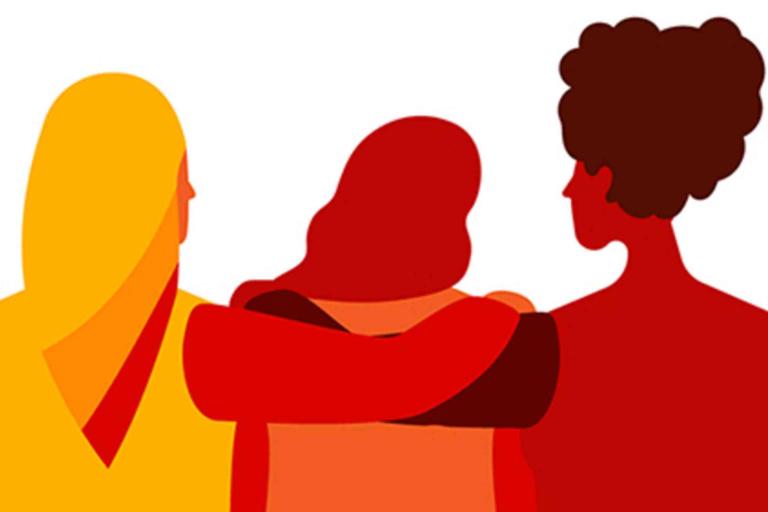 Illustration of three people seen from behind, one with an arm around the others, suggesting support or friendship.