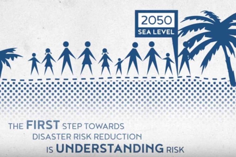 Illustration of people near a dashed line labeled "2050 Sea Level," with text about disaster risk reduction and understanding risk. Palm trees are in the background.