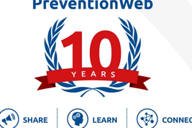 PreventionWeb 10 Years anniversary logo with laurel wreath, red ribbon, and icons labeled Share, Learn, Connect.