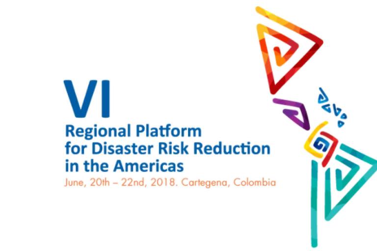 Logo for the VI Regional Platform for Disaster Risk Reduction in the Americas, held June 20-22, 2018, in Cartagena, Colombia, with colorful abstract shapes on the right.