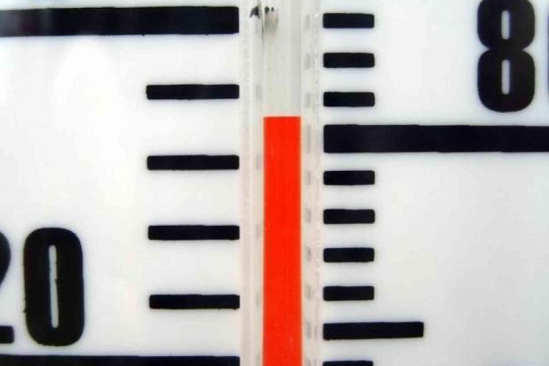 Close-up of a thermometer showing a temperature reading just above 20 degrees, with bold black numbers and lines on a white background.