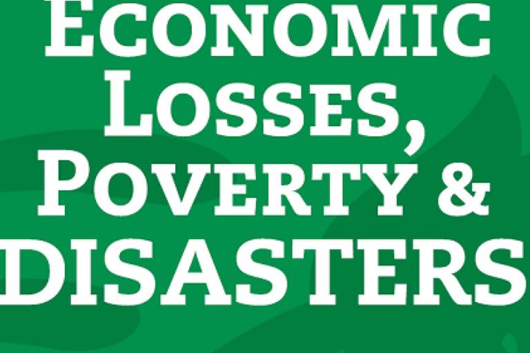White bold text on a green background reads: "Economic Losses, Poverty & Disasters.