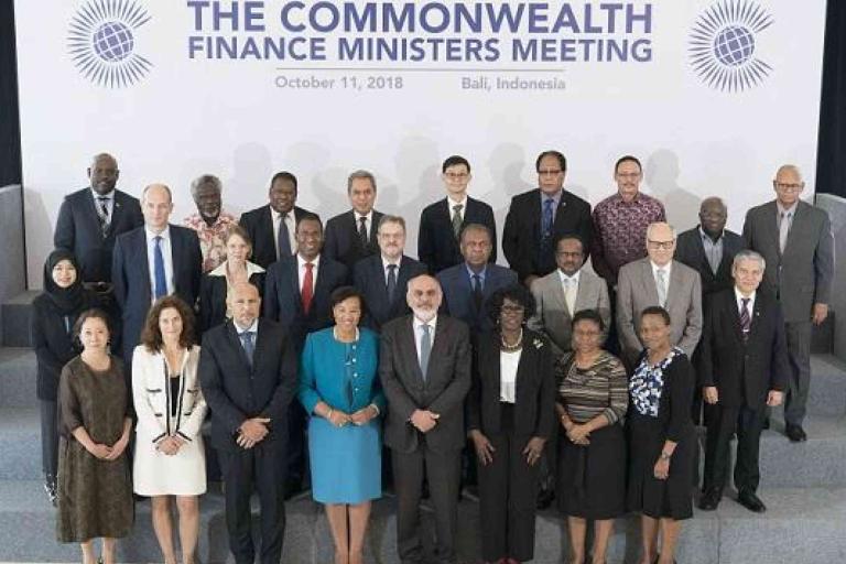 A group of delegates pose for a photo at the Commonwealth Finance Ministers Meeting held in Bali, Indonesia, on October 11, 2018.