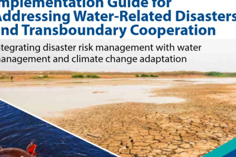 Cover page of a guide on addressing water-related disasters, featuring cracked dry land and a small boat on water, with text about disaster risk and climate change adaptation.