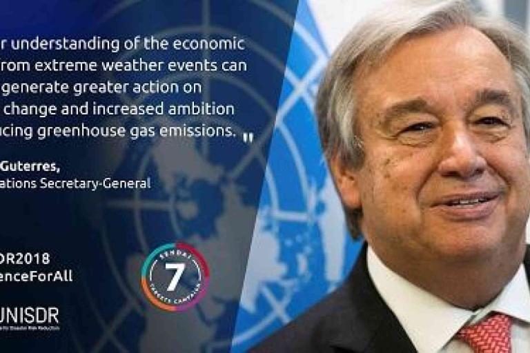 António Guterres, UN Secretary-General, stands in front of a UN logo with a quote about climate change and reducing greenhouse gas emissions. UNISDR and campaign logos are visible.