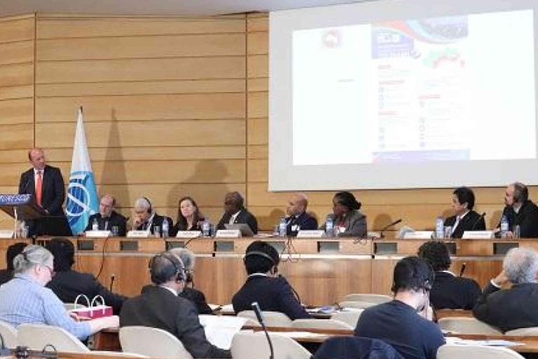 A panel of speakers sits at a long table in a conference room while a person stands at a podium and addresses the audience; a presentation is projected on the screen behind them.
