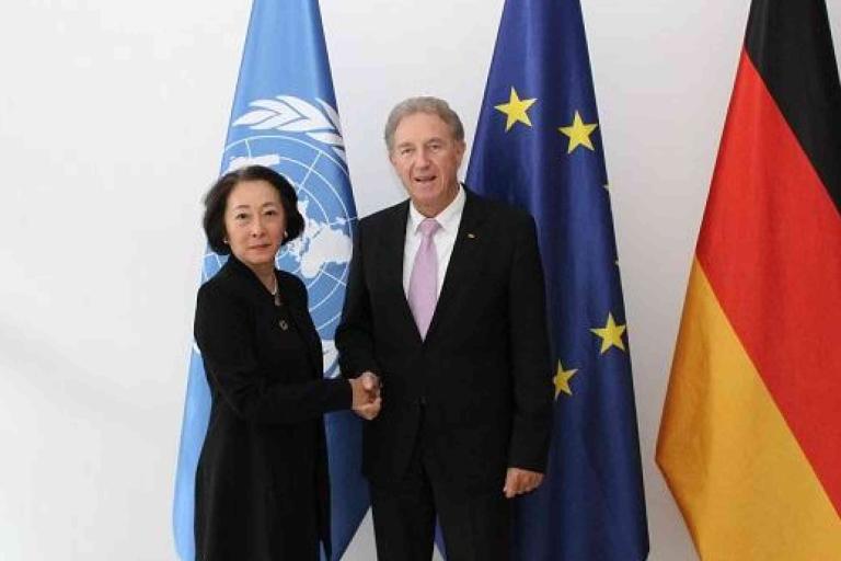 Two people shake hands in front of the United Nations, European Union, and German flags.