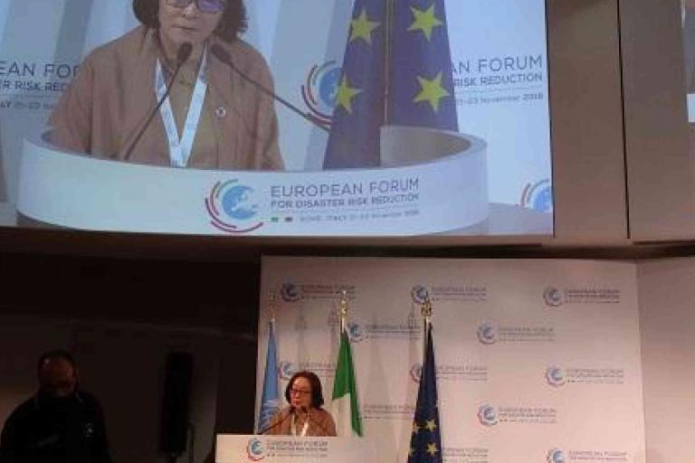 A woman speaks at a podium during the European Forum for Disaster Risk Reduction, with flags and a large screen displaying her image behind her.