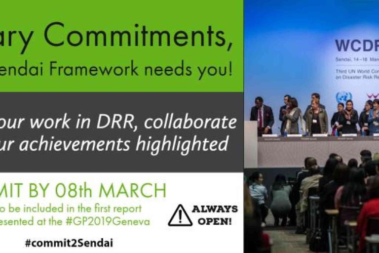 A promotional banner for the Sendai Framework, encouraging voluntary commitments in disaster risk reduction, with a panel discussion and submission deadline noted as 08th March.