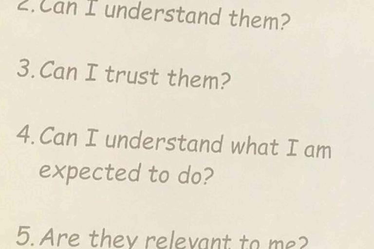 A list of questions in gray text asks about understanding, trust, expectations, and relevance, numbered 2 through 5.