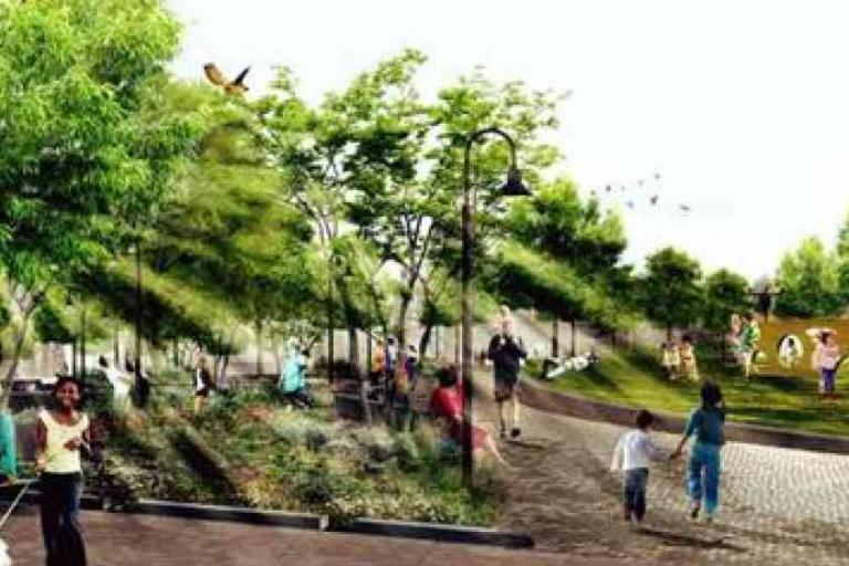 People, including children, are walking, playing, and sitting in a green park with trees, pathways, and scattered sunlight.