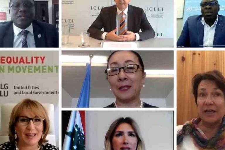 A virtual panel of seven diverse professionals participates in an online conference, each shown in individual video call frames.