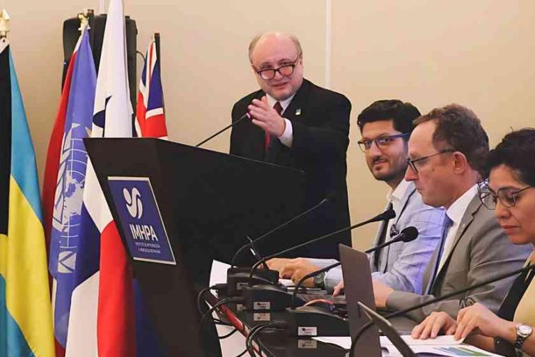 A man speaks at a podium during a conference, with four seated panelists and several international flags in the background.