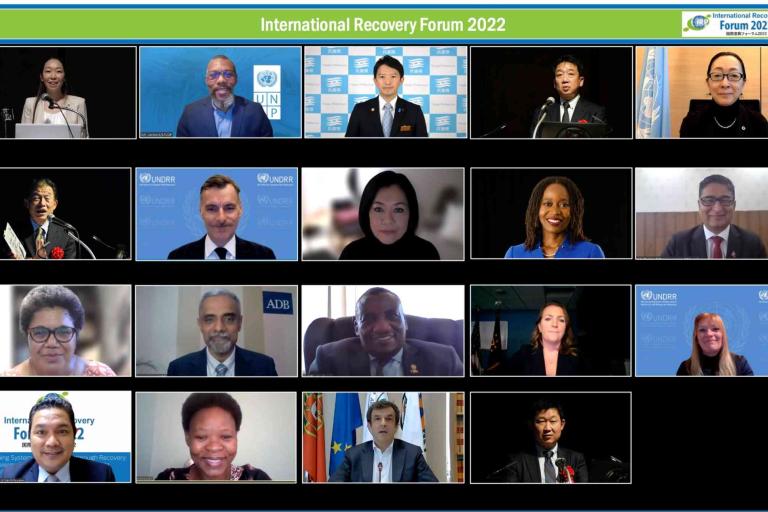 Screenshot of a virtual meeting with 20 participants, each shown in individual video call windows, under the banner "International Recovery Forum 2022.