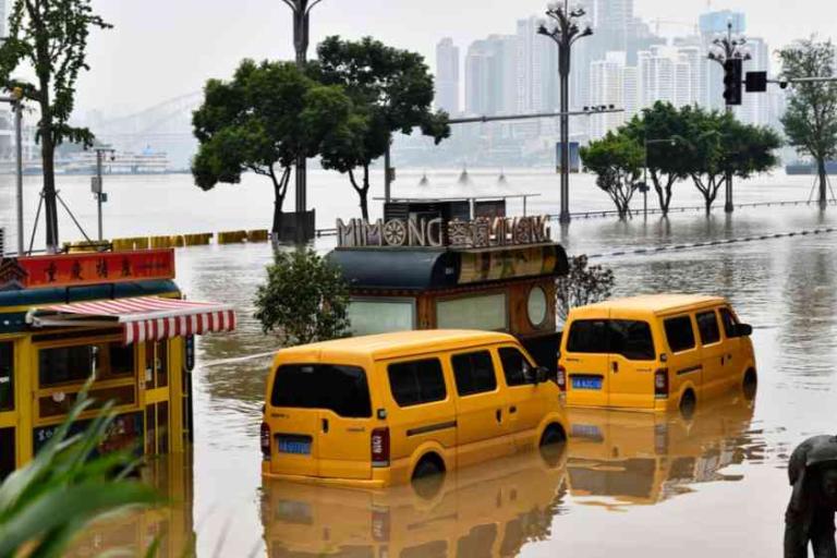 Two yellow vans are partially submerged in floodwater on a city street, with buildings and trees in the background.