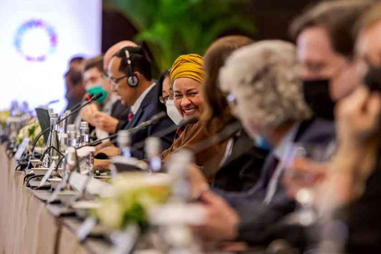 People seated at a long conference table participate in a formal meeting; microphones and headsets are visible, and one woman in a yellow headscarf is smiling.