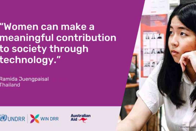 A young woman sits thoughtfully at a desk; next to her is a quote about women contributing to society through technology, with logos of UNDRR, WIN DRR, and Australian Aid.