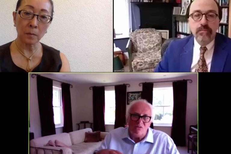 Three people participate in a video conference, each in separate home or office settings, with bookshelves and furniture visible in the background.