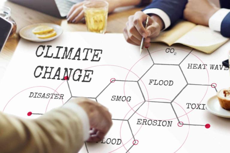 People discuss a chart about climate change impacts, showing keywords like disaster, smog, erosion, flood, CO2, heat wave, and toxic, with drinks and laptops on the table.