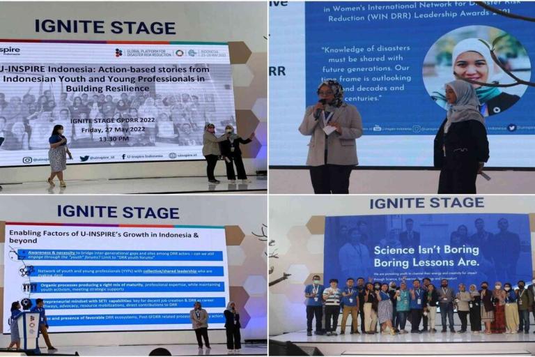 A collage of four photos shows presenters speaking on the IGNITE STAGE at a conference, with slides behind them on topics like resilience, leadership, and science education.