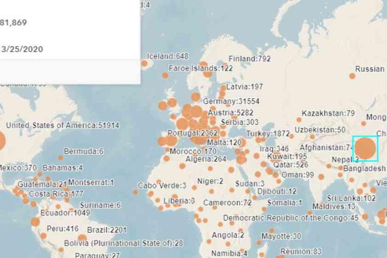 A world map shows countries marked with orange circles indicating COVID-19 case numbers as of March 25, 2020; larger circles represent higher case counts.