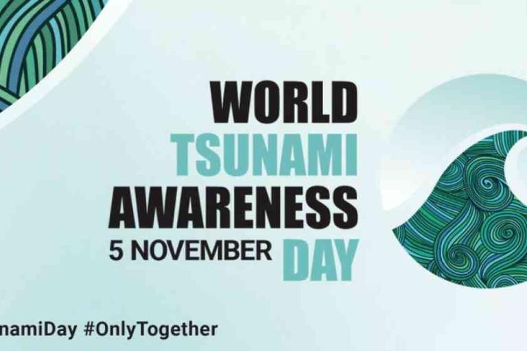 A graphic with the text "World Tsunami Awareness Day, 5 November," featuring wave designs and hashtags #TsunamiDay and #OnlyTogether.