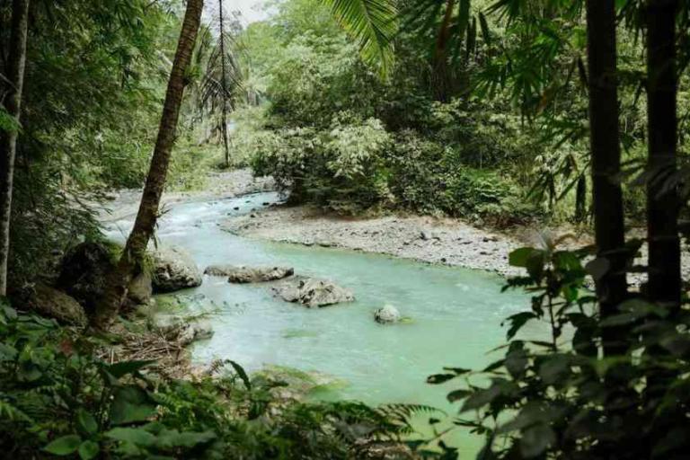 A turquoise river flows through a dense, green tropical forest with rocks and lush vegetation on both banks.