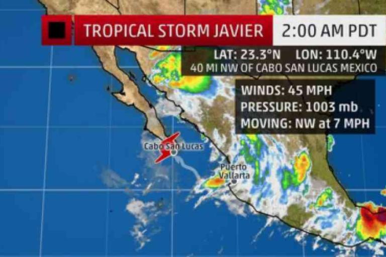 Weather map showing Tropical Storm Javier near Cabo San Lucas, Mexico, with winds of 45 mph, pressure of 1003 mb, moving northwest at 7 mph at 2:00 AM PDT.