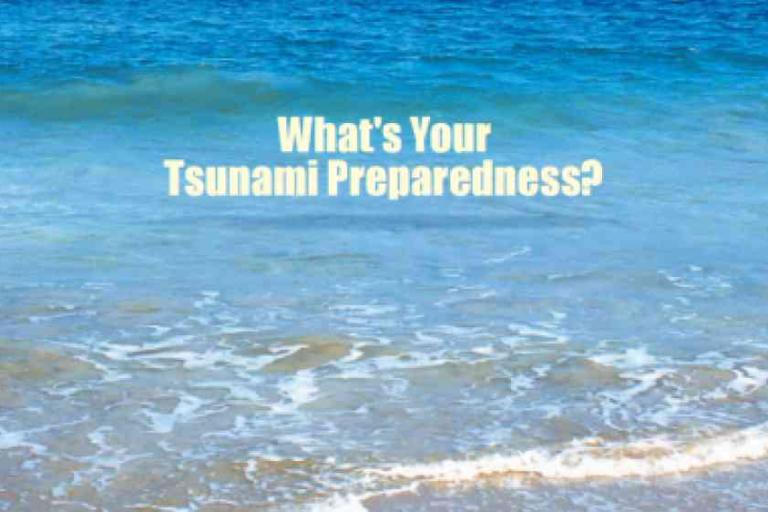 Ocean waves with text overlay reading "What's Your Tsunami Preparedness?" in light yellow font.