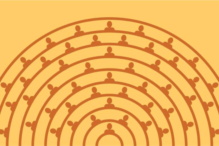 Stylized illustration of concentric circles containing evenly spaced human figure icons on a yellow background.